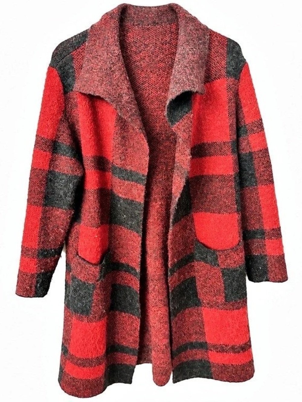 Suzy by Suzy Shier Plaid Open Front Cardigan in Red & Black Like New